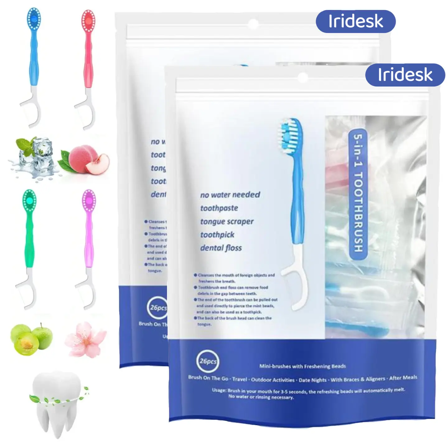 26/52 Pairs Magical  Disposable Travel Oral Care Toothbrush Set - 5-in-1 All-in-One Kit with Built-in Sugar-Free Mint Toothpaste, Tongue Scraper, Floss & Toothpick - Individually Wrapped, Plane Ready for Business Trips & Daily Home Care