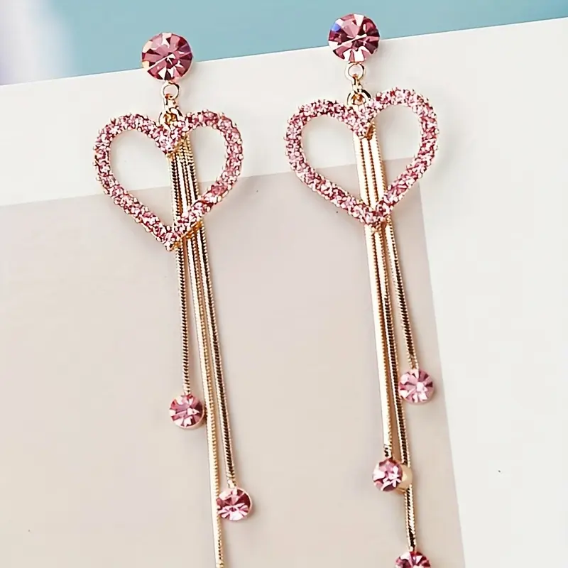 1 Pair Heart-Shaped Rhinestone Tassel Earrings - Zinc Alloy, 925 Sterling Silver Ear Needles, Sparkling Ear Jewelry, Heart-Shaped Rhinestone Charms & Pendants, Glittery All-Season Festive Cute Costume Jewelry