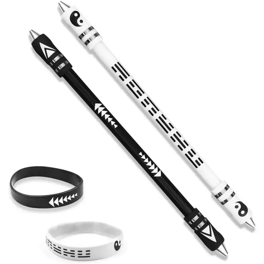 2 Colors Spinning Pen With Silicone Bracelet, Metal Heads Gaming Finger, 8.5In Weighted Rotating Ballpoint, for Student Adults, No Refill (Black, White)