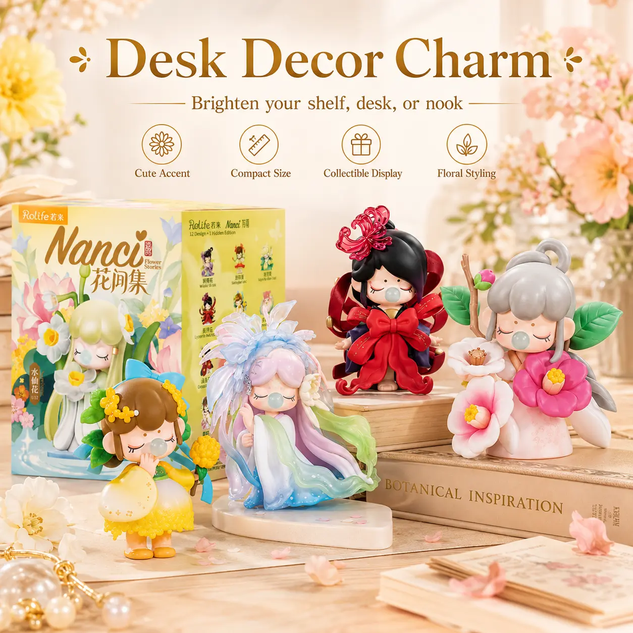 Rolife Nanci Flower's Story Series Collectible Figurine Blind Bag - Sealed Box, 12 Regular + 1 Secret Cute Collectibles, Vinyl Figure, Flower Theme New Item, Small Parts Choking Hazard