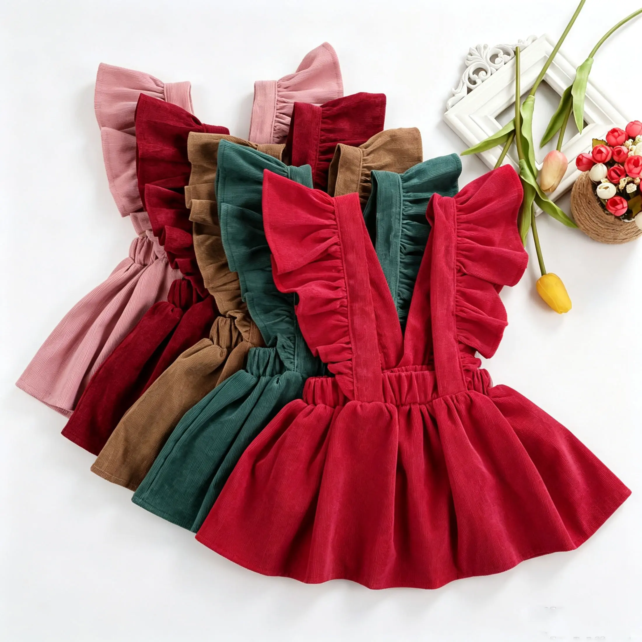 Baby Girls' Soft Corduroy A-Line Dress - Flying Sleeve Solid Color Strap Clothes for Baby Clothing