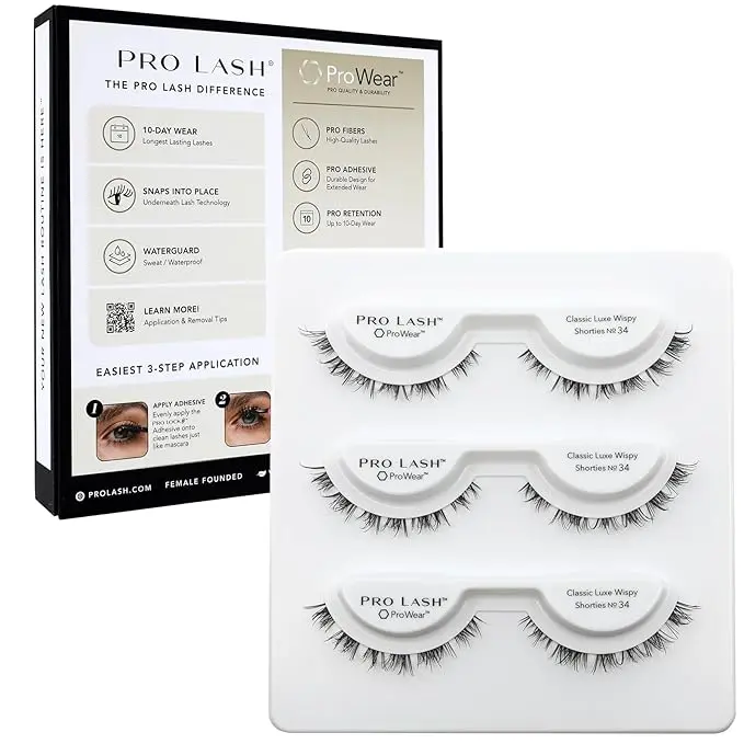 Pro Lash No. 34 ProWear Professionally Styled Lash Clusters - Easiest to Apply Eyelash Cluster - 10 Day Eyelashes - Waterproof Lashes Clusters - 3 Sets - Classic Luxe Wispy Shorties No. 34 - Black