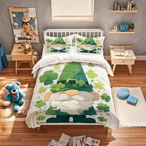 St Patricks Day Bedding Set, Checkered Leprechaun Design, Includes Duvet & 2 Pillows, No Insert Needed, Perfect for Bedroom Decor