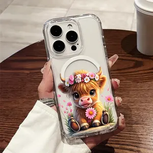 Adorable Highland Cow with a Floral Crown Design Magnetic Phone Case for iPhone 17 Pro Max Air 16 16e 15 14 Plus 13 12 11 X XS Pattern MagSafe Transparent Acrylic Back TPU Edges Drop-Proof Lightweight Cover Valentine's Day Gift 2D printing