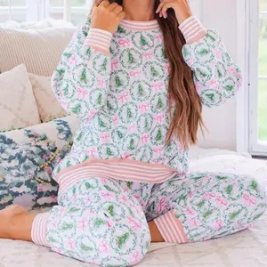 Women'sChristmasTreeBowPrintedHomeSuitSetSoftPolyesterKnittedFabricTwo-PieceDesignLongSleevedTopJoggingPantsVersatileCasualHomewearLoungewearPjs