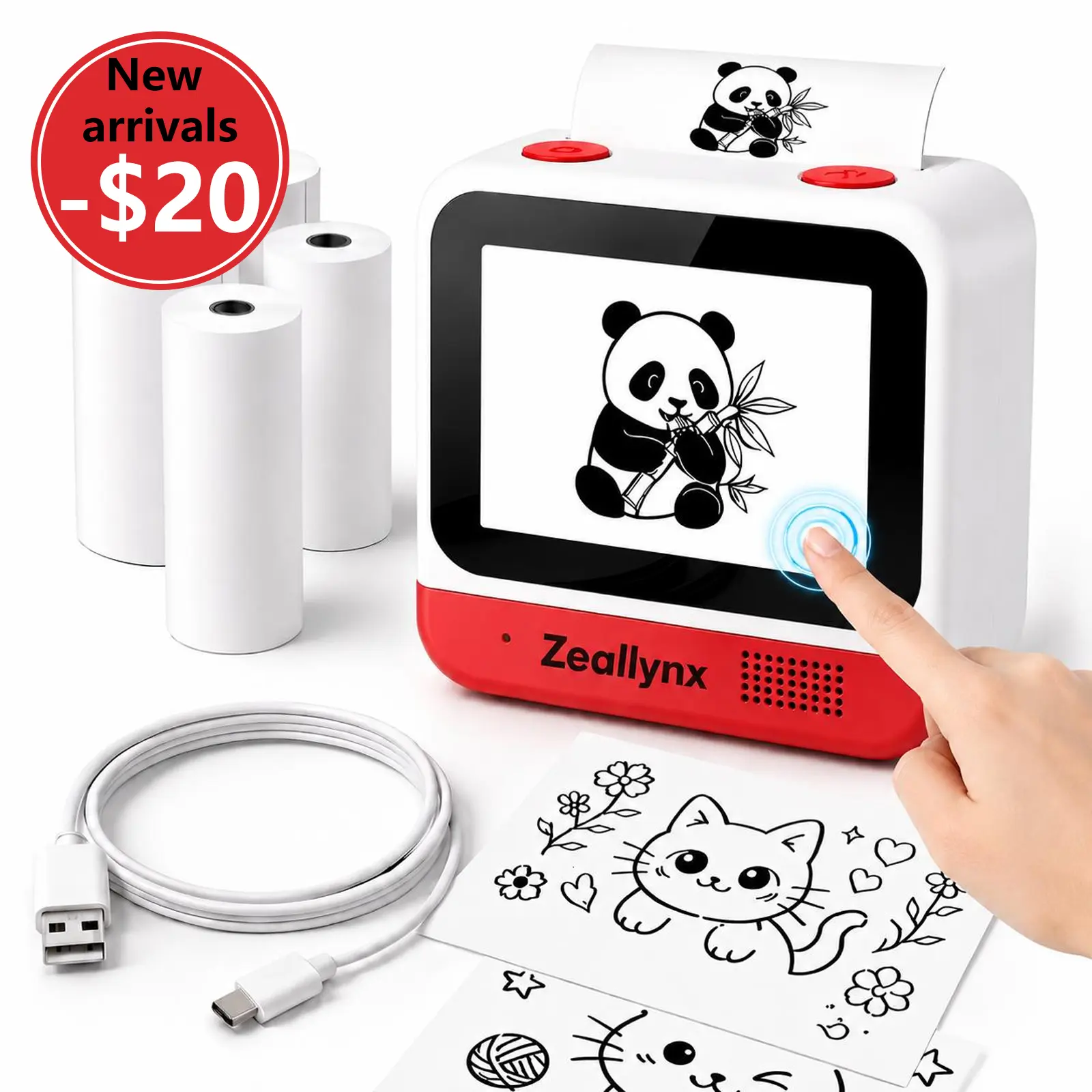 Zeallynx AI Voice Controlled Mini Thermal Wireless Printer - Inkless Sticker & Label Printer, Color Touch Screen, Kid-Safe Rounded ABS, 2.4G WiFi No-App Op, TF Card, Bluetooth Music, 10 Modes, Batteries Included, for 4+ Years Up Journals, DIY Crafts
