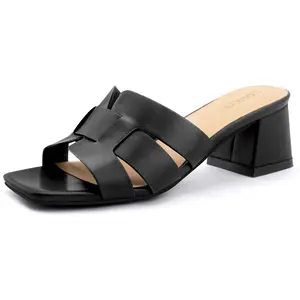 Women's Square Open Toe Heeled Sandals Chunky Block Heel Slip On Dressy Sandal Shoe Summer