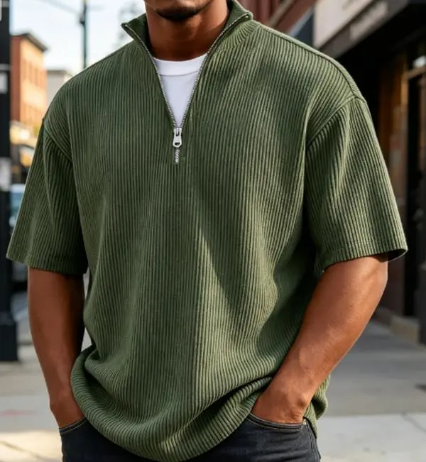 001Men's Rib Knit Polo Shirt, Relaxed Fit Half-Zip Pullover with Stand Collar, Vertical Striped Anti-Wrinkle Business Casual Top, Zipper, Stretch, Formal, Fabric Athletic Baggy, Office, Ribbed, Slacks Loose Breathable, Day