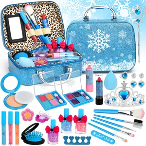 28pcs Kids Makeup Kit for Girl, Washable Real Makeup Set, Lipstick, eye shadow, nail polish, makeup brushes, etc, Birthday Gifts for Girls 3+ Years Old, Christmas Gifts ( Blue) Playset