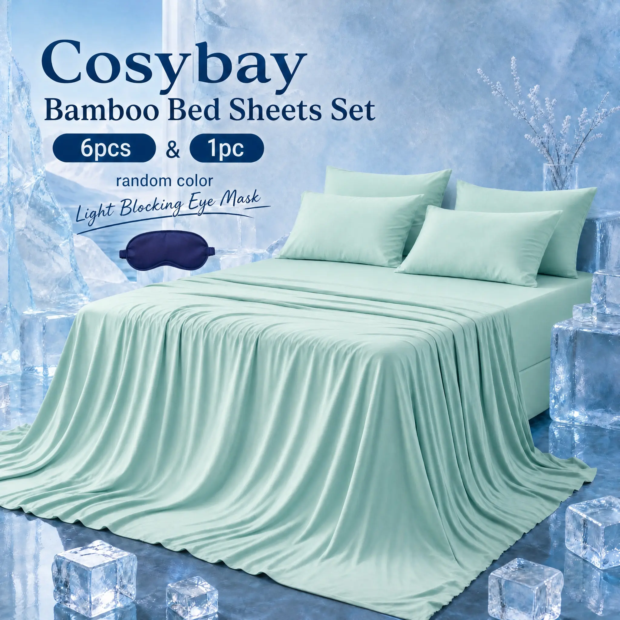 Cosybay Bamboo Bed Sheets Set 6pcs &  Light Blocking Eye Mask, including 1 Cooling Flat sheet + 1 Fitted sheet + 4 Pillowcases +Strapless 360° Wraparound Sleep Mask,Hotel Luxury Super Silky Soft,Deep Pressure Relaxation for Better Sleep #summervibes petlo