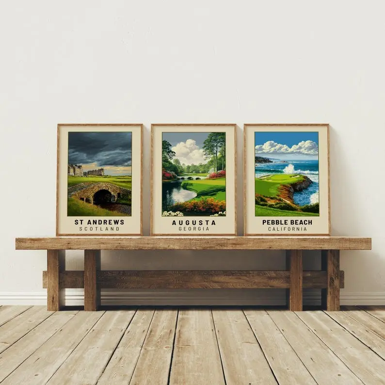 Set of 3 Golf Prints, Augusta Pebble Beach TPC Sawgrass Poster, Masters Tournament Poster, Sports Gift for Him, Office Wall Decor, Unframed Wall Art, Home Decor