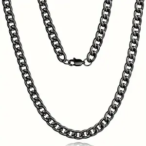 Black Cuban Link Chain Necklace - Stainless Steel Flat Punk Style Choker for Men & Women, Minimalist Hip-Hop Jewelry, 5mm/7mm/9mm, 18-24 Inches Hip Hop Necklace