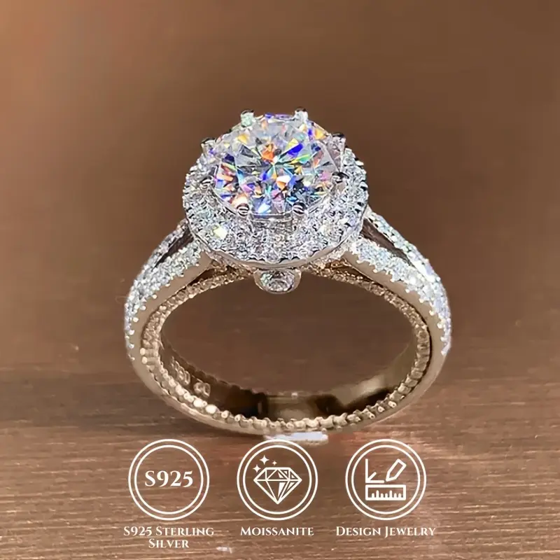 Silver 2ct moissanite engagement ring with halo setting for oposal, wedding, anniversary, and birthday unique  engagement  rings  J045