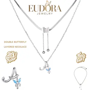 Butterfly Initial Necklace, Dazzling Butterfly Pendant with Cubic Zirconia, Personalized Double Layered Jewelry Set for Her, OOTD Daily Gift