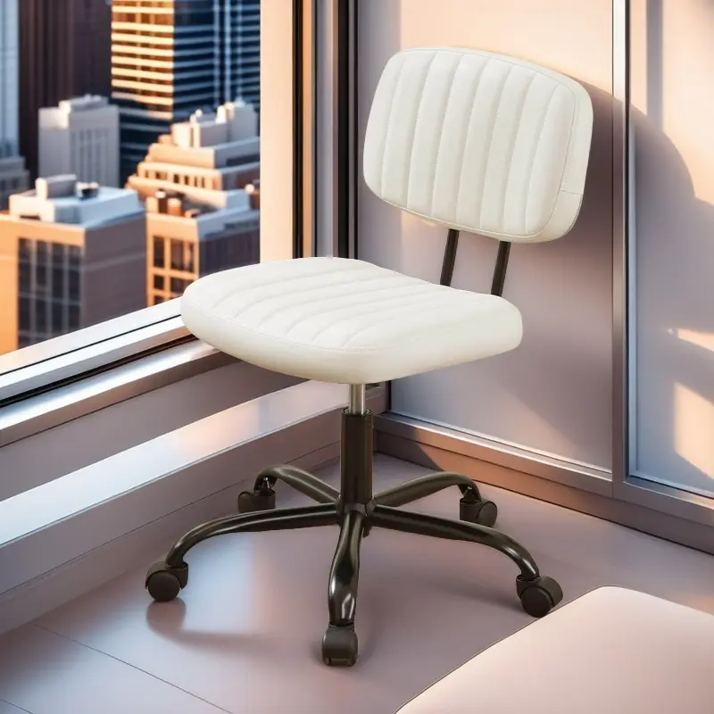 BIFMA & SGS Certified Armless Ergonomic Office Chair for Small Spaces & Nail Salons, Low Back Lumbar Support, Height Adjustable, 360° Swivel Wheels, 250lbs Capacity, Thick PU Leather Cushion, Sturdy, Beige White, Assembly Required