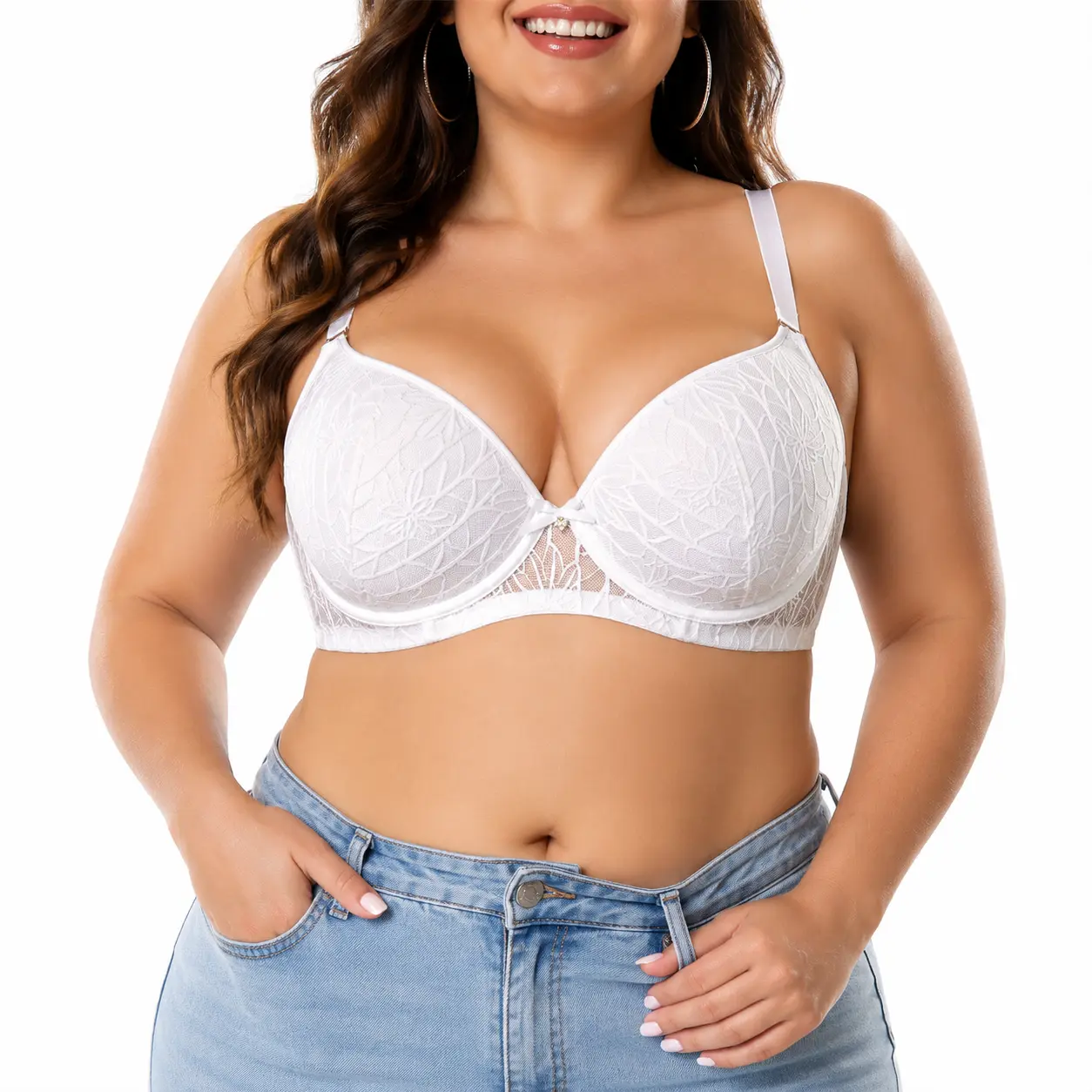 Elegant Big Bust Floral Lace Full Figure Underwire Bra, Front Mesh Cutout Rhinestone Detail Plus Size Push Up Bra for Everyday & Special Occasion