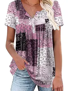 Summer Floral Printed Patchwork Short Sleeve Fitted Casual T-Shirt for Women, Trendy European Style Top, Fashionable Shirt for Everyday Wear