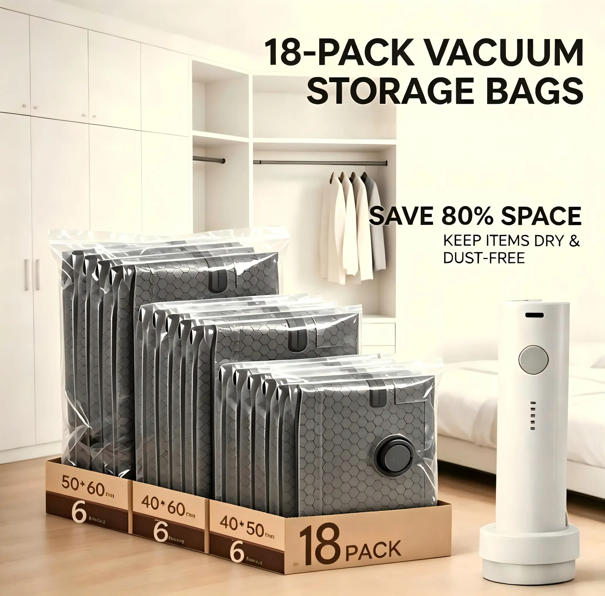 【DealsForYouDays】【2026 Upgraded】 Cordless Travel Compression Storage Bags Set with Rechargeable Air Pump, 9/18-Pack Waterproof Reusable Shrinkable Bags (2 Sizes), 140L/Min Powerful Air Removal, Ideal for Carry-On Suitcases, Home Organiser