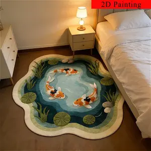 Chinese lotus pond koi pattern living room sofa plush carpet art design bedroom decoration bedside carpet ins style cloakroom dresser carpet washable entry entrance non-slip floor mat fluffy soft reading area play area carpet Bedroom Rugs