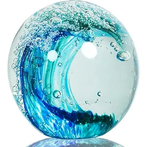 Hand Blown Ocean Wave Glass Ball Unique Gift for Beach Lovers Beach Decorations for Home Sea Glass Paperweight for Coastal Room Decor Aquarium & Ocean Themed Decorations
