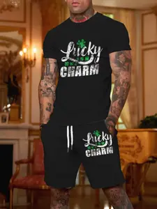 St Patrick's Day Lucky Clover Print Men's Short Sleeve Shorts Set, Casual Fitted Summer, All over Print Design