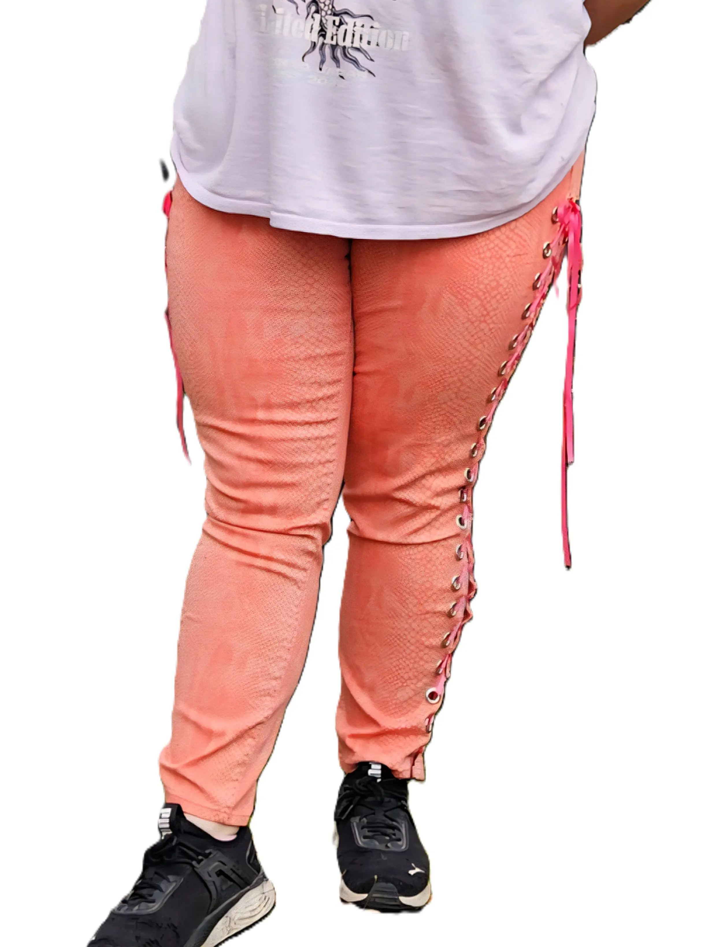 Upcycled Pink Snakeskin Print Lace-Up Jeans - Womenswear Summer Bottom - Cute and Fem Barbiecore Denim Pants