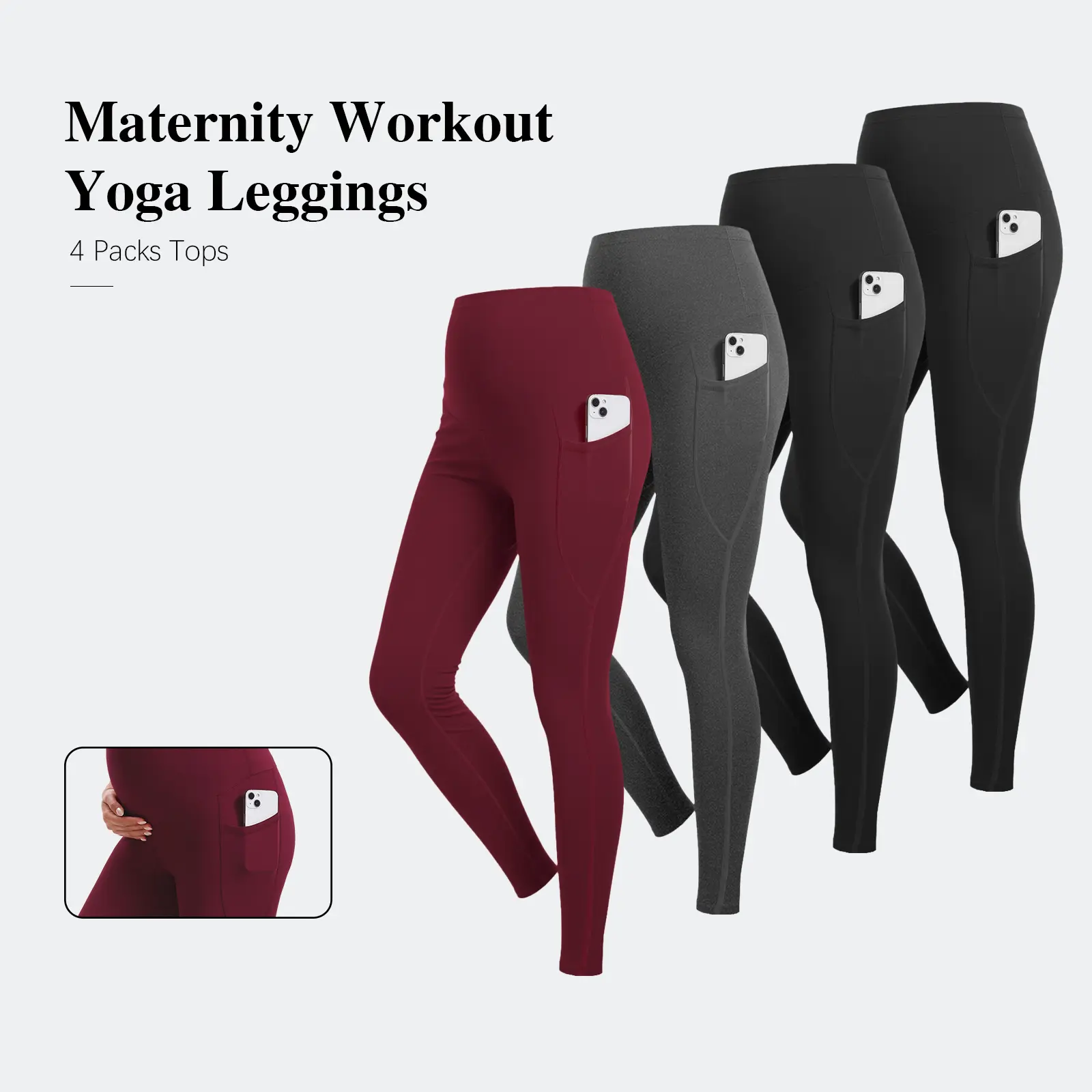 Women's 4-Pack Over-The-Belly High-Waisted Maternity Leggings, Pregnancy Clothes for Yoga, Workout Activewear Sports Bottoms