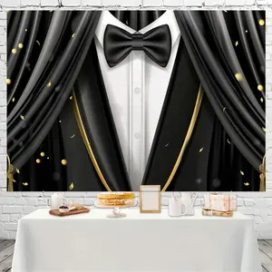 Elegant Black Tie Celebration Backdrop Banner - Polyester Fiber, Golden Accents, Perfect for Formal Events, Photo Ops, Birthday Parties & Festive Gatherings, Versatile Indoor/Outdoor Use, Party Decoration | Elegant Party Accessory | Polyester Banner