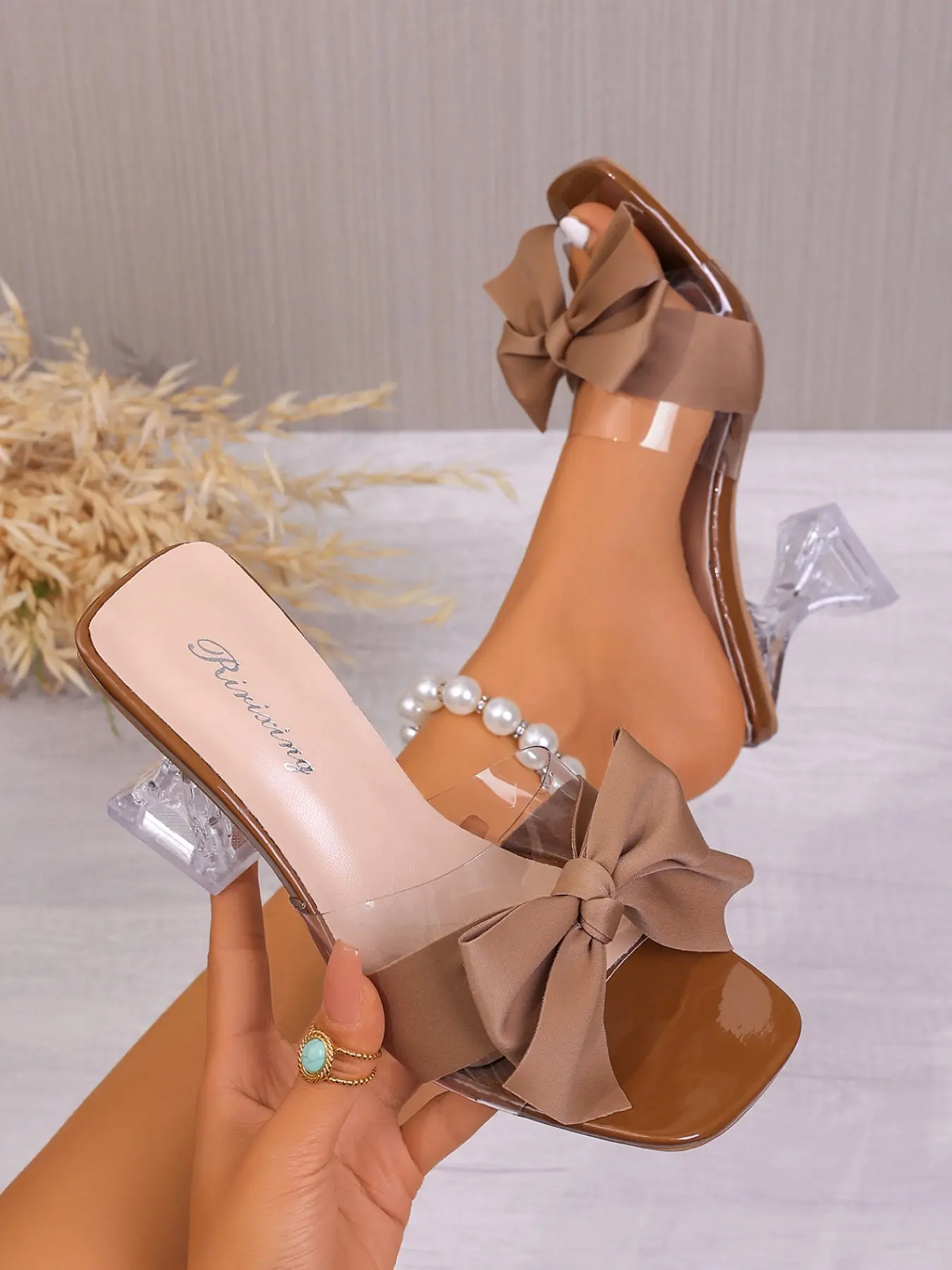 Women's Bowknot Transparent Heeled Sandals, Elegant Fashionable Sandals, Vintage Luxurious Sweet Style, Elegant Wedding Party Shoes, Open-Toe Rubber Sole, Evening Footwear, Summer