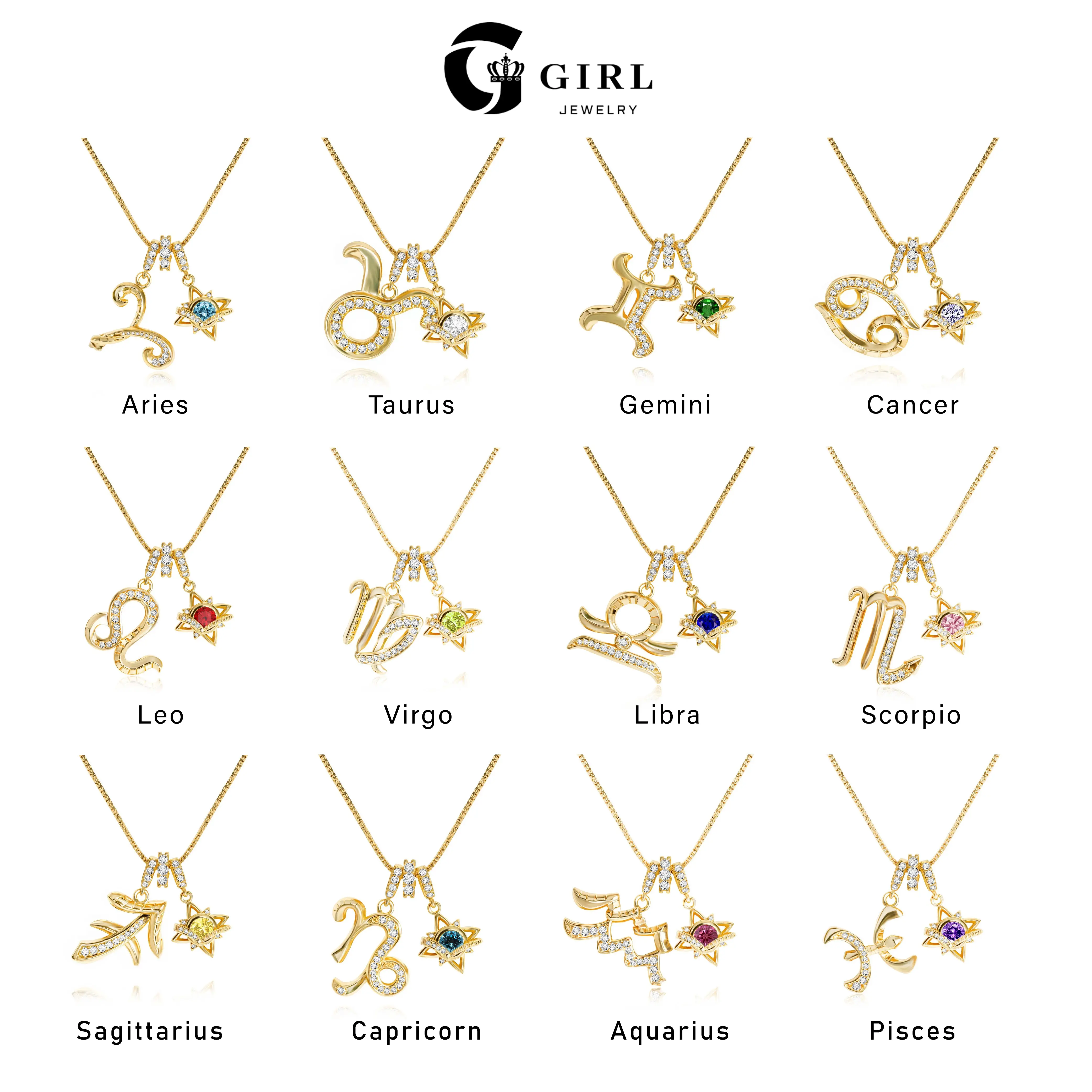 GGIRL 18K Gold Plated CZ 12Constellation Zodiac Sign Pendant Necklace for Women Men,Stainless Steel Dainty Retro Cute Hollow Astrology With Colorful Star Cubic Zirconia,Stylish Jewelry With Box,Perfect romantic Gift for Birthday Christmas Valentine’s Day 