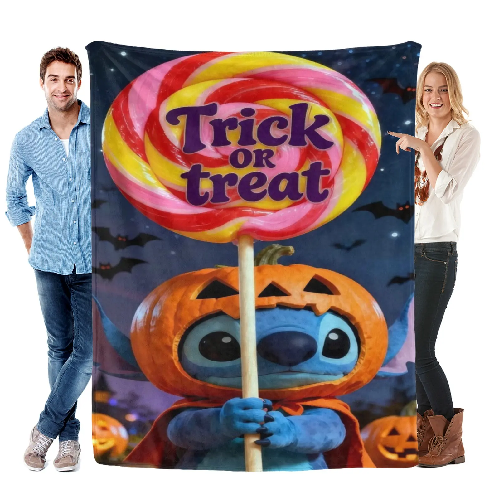 Disney Stitch Pumpkin Helmet With Big Lollipop Halloween Blanket, Lightweight Flannel, Aesthetic Gift For Disney Fans