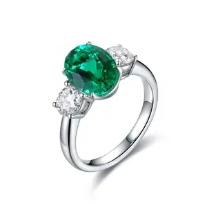 2.23ct Oval Cut 3-Stone Emerald Engagement Ring – Sterling Silver Vintage May Birthstone Ring – Green Gemstone Promise Ring for Women