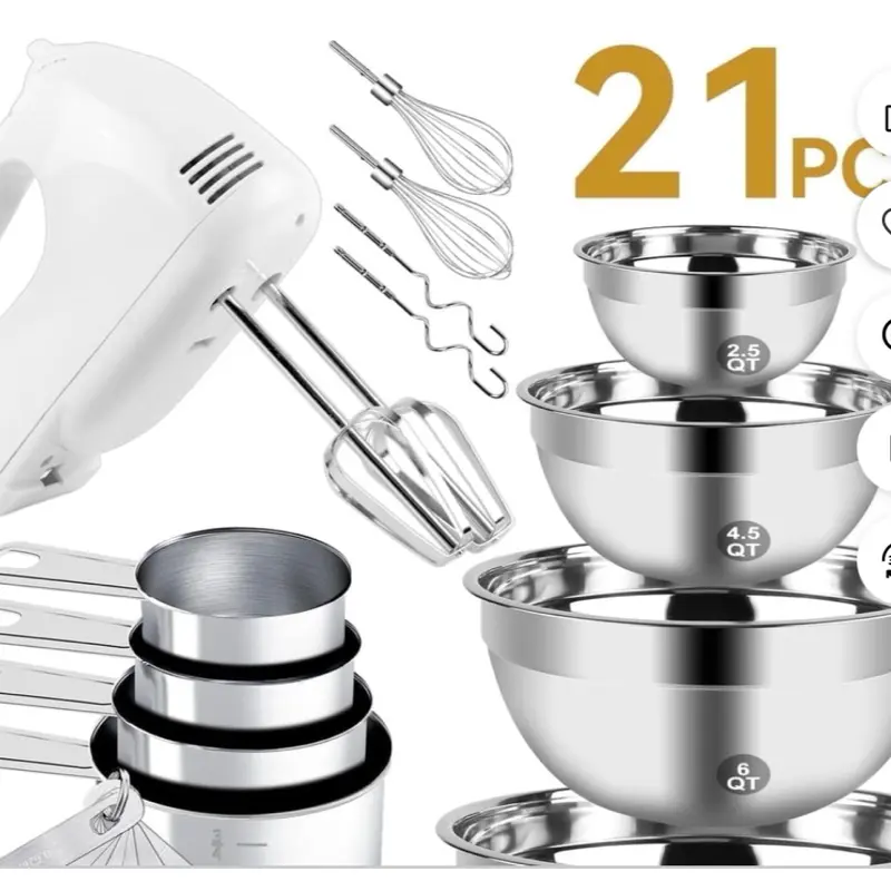 Electric Hand Mixer Mixing Bowls Set, Upgrade 5-Speeds Mixers with Silver Nesting Stainless Steel Mixing Bowl, Measuring Cups and Spoons Whisk Blender - Baking Supplies for Cooking