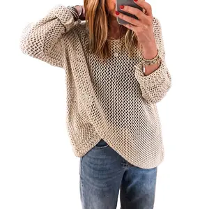Asvivid Women's Plaid Sweater, Casual Long Sleeve Baggy Jumper with a Hollow-Out Crochet Acrylic Knit Design