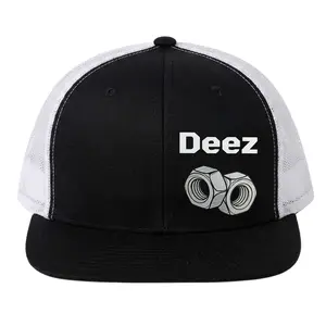 "Deez Nuts" Funny Graphic Trucker Hat - Sarcastic Pun Mesh Back Cap - Premium Snapback Baseball Hat for Men & Women - Black & White Retro Style Headwear - Humorous Statement Gift Cap