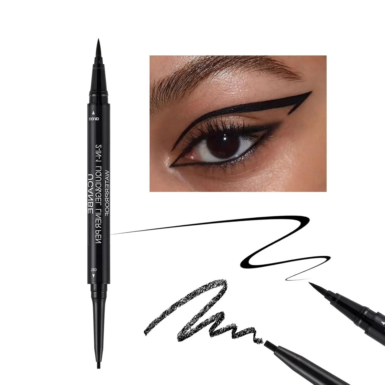 2 in 1 Dual Ended Eyeliner Pen with Fine Tip Liquid Liner and Gel Eye Pencil Eyeliner, Waterproof, Smear-Proof and Quick Drying Black Makeup, Gel Liner Eyeliner