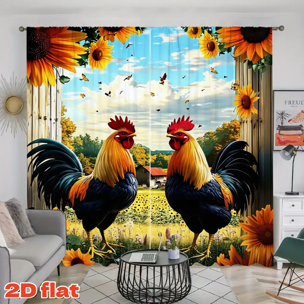 2D Flat 2Pcs Sunflowers Rooster Farmhouse Style Window Curtains, Countryside Rustic Barn Scene Drapes, Birds and Field View Design, Semi-Sunshade for Living Room, Bedroom, Balcony, Kitchen, Study Shower Decoration, Christmas Gift De