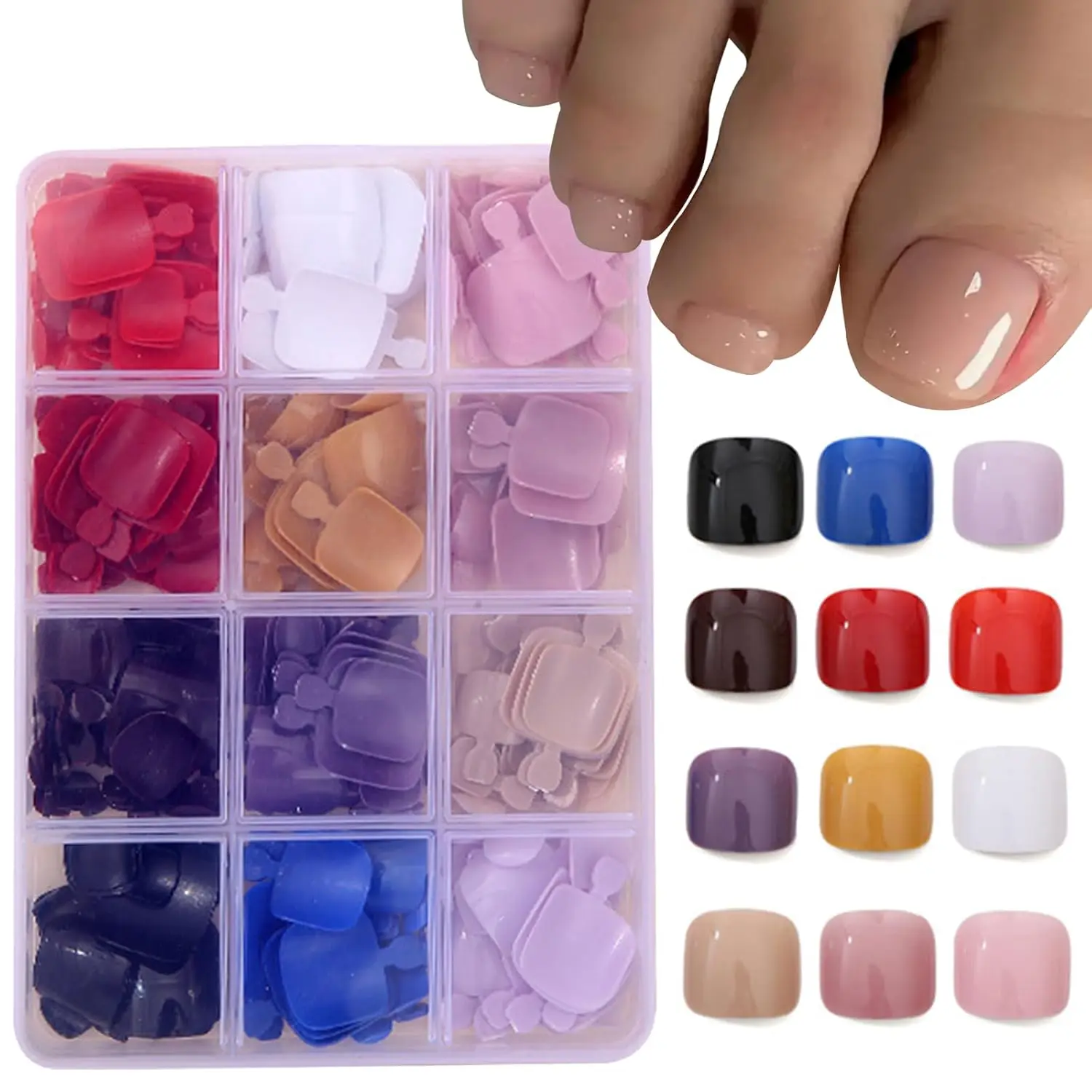 12 colors, 360 pieces, short square toenails, false toenails, solid color design, fake nail tips, summer glossy acrylic nails, pure nail art sticks for women and girls, DIY False Toenails, Nail Art Supplies