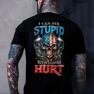 I Can Fix Stupid But It’s Gonna Hurt Skull American Flag Mechanic Funny Graphic T-Shirt