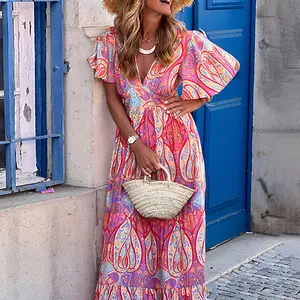 CHICME Women's Vintage Print Maxi Dress V-Neck Flare Sleeve High Waist Shirred Back A-Line Boho Vacation Dress/Summer Dress