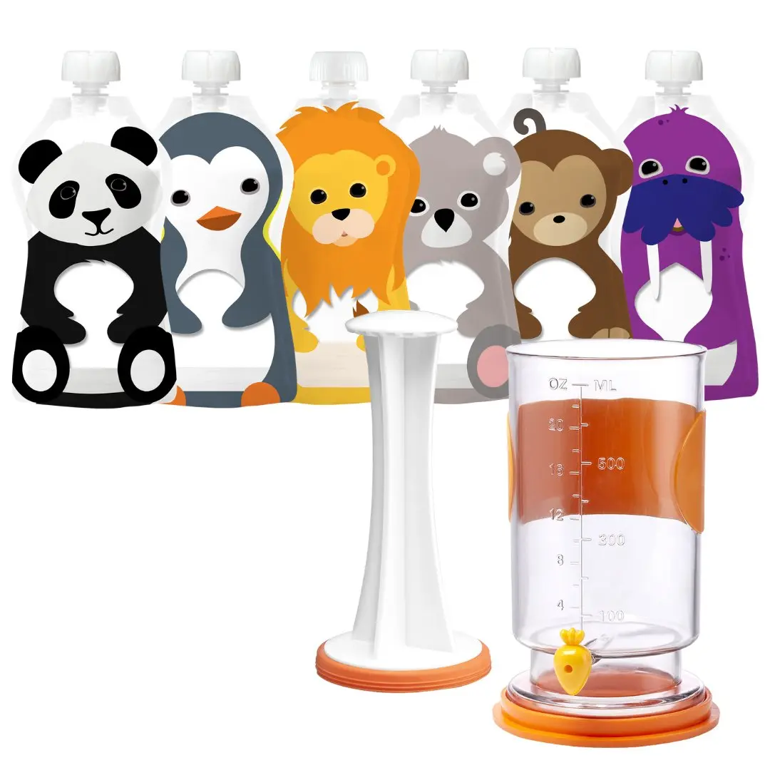 Squooshi Universal Reusable Pouch Filling Station® + Large 6 Pack of Reusable Squeeze Food Pouches Kitchen Utensils Compact Detachable