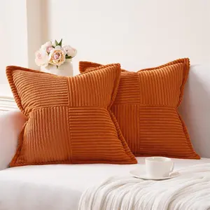 Fall Broadside Throw Pillow Cover with Splicing 18x18 Set of 2, Super Soft Corduroy Couch Pillow Covers Decorative Textured Corduroy Throw Pillows for Couch Bed(18 x 18 inch/Burnt Orange)