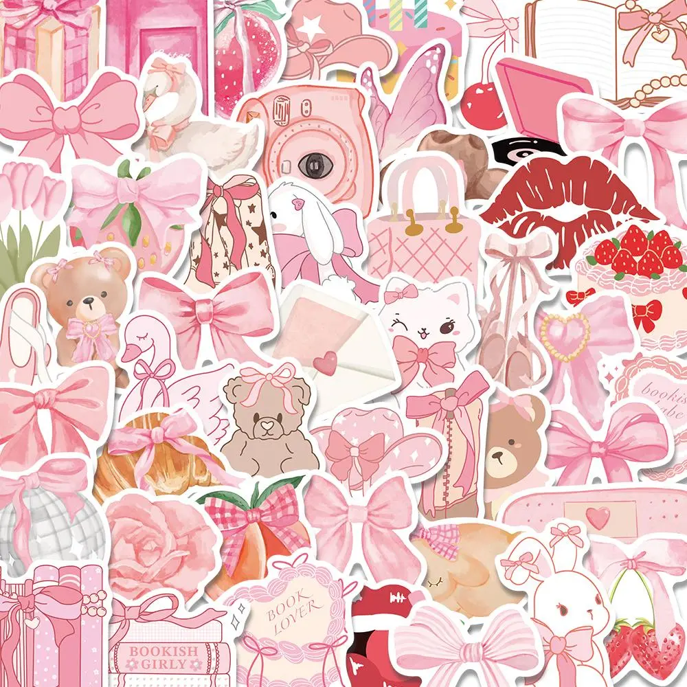 Pink Bowknot Pattern Decal Set Stickers, 50pcs/set Cute Bowknot Waterproof Self-Adhesive Decorative Stickers, Decor Stickers for Gift Boxes, Greeting Cards, Water Bottles, Laptops, Phones and Cases, Accessories, Cellphone
