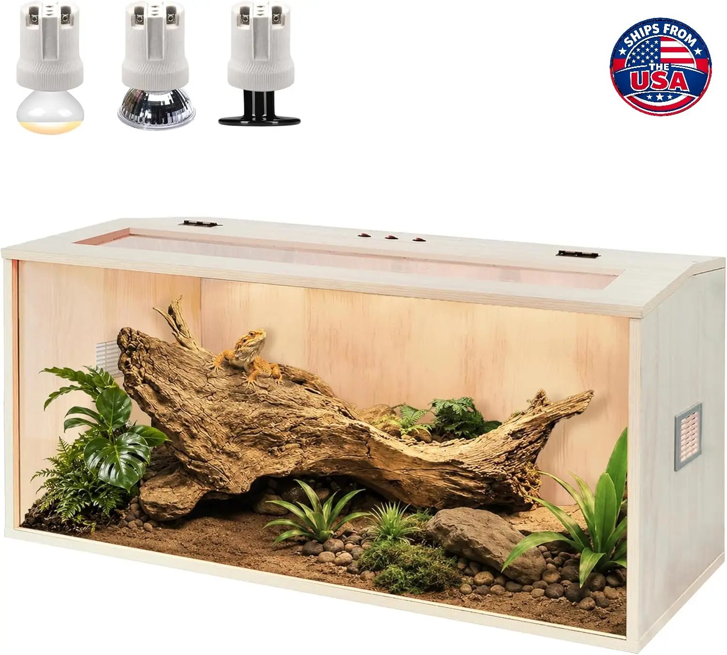 PROLEE 65 Gal Wooden Bearded Dragon Terrarium, Tempered Glass Reptile Enclosure with Built-in Lamp Fixture (40x20x20in), Pet Enclosure Furniture