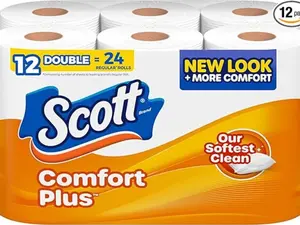 Scott ComfortPlus Toilet Paper, 12 Double Rolls, 231 Sheets per Roll, Septic-Safe, 1-Ply Toilet Tissue, 12 Count