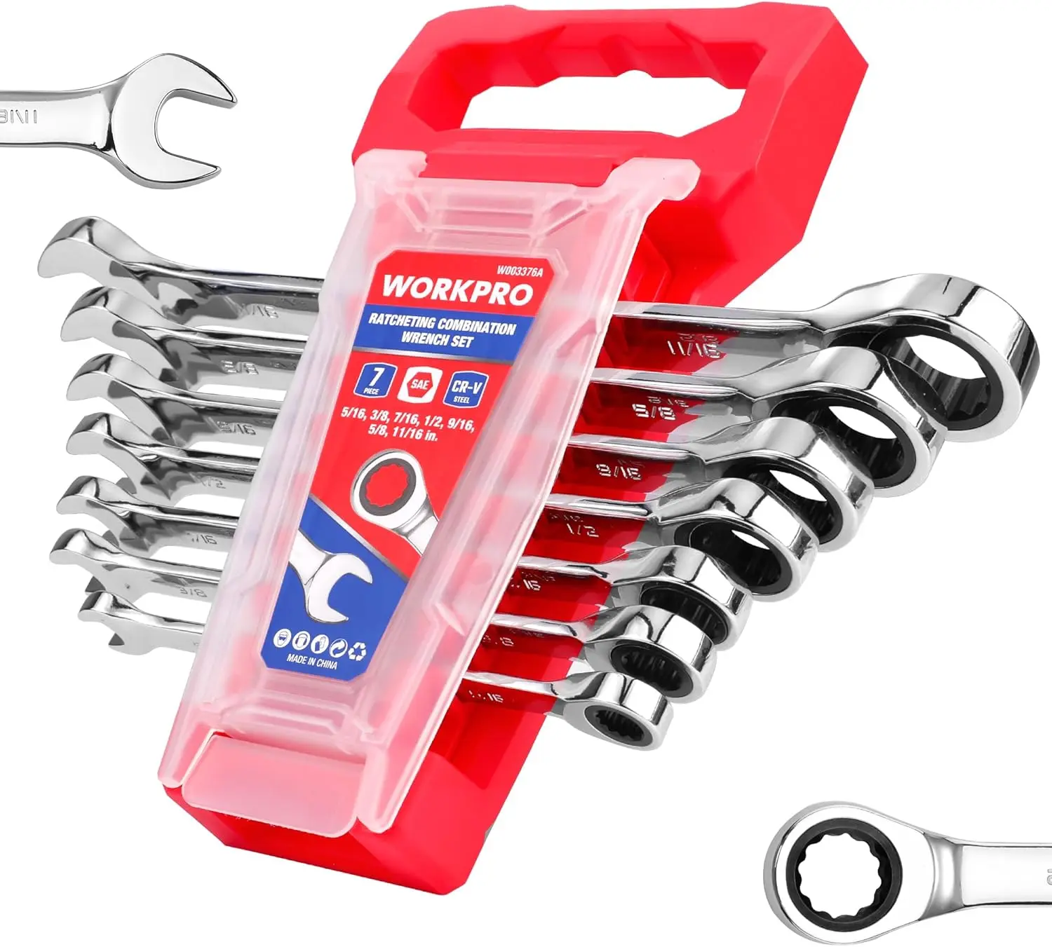 WORKPRO Ratcheting Wrench Set, 7 Pieces, SAE, Combination Wrenches 5/16"–18/16", 12-Point CR-V Steel, Includes Organizer Rack