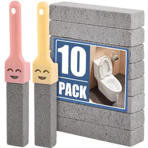 10-Pack Grey Pumice Stone Scouring Stick Brush Set with 2 Universal Handles, Chemical-Free Stain Remover, Bathroom Supplies for Bathrooms and Kitchens