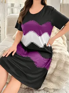 Women's Plus Size Wave Print Geometric Casual Round Neck Short Sleeve Sleepwear, Loungewear, Super Comfortable Skin-Friendly Homeewear
