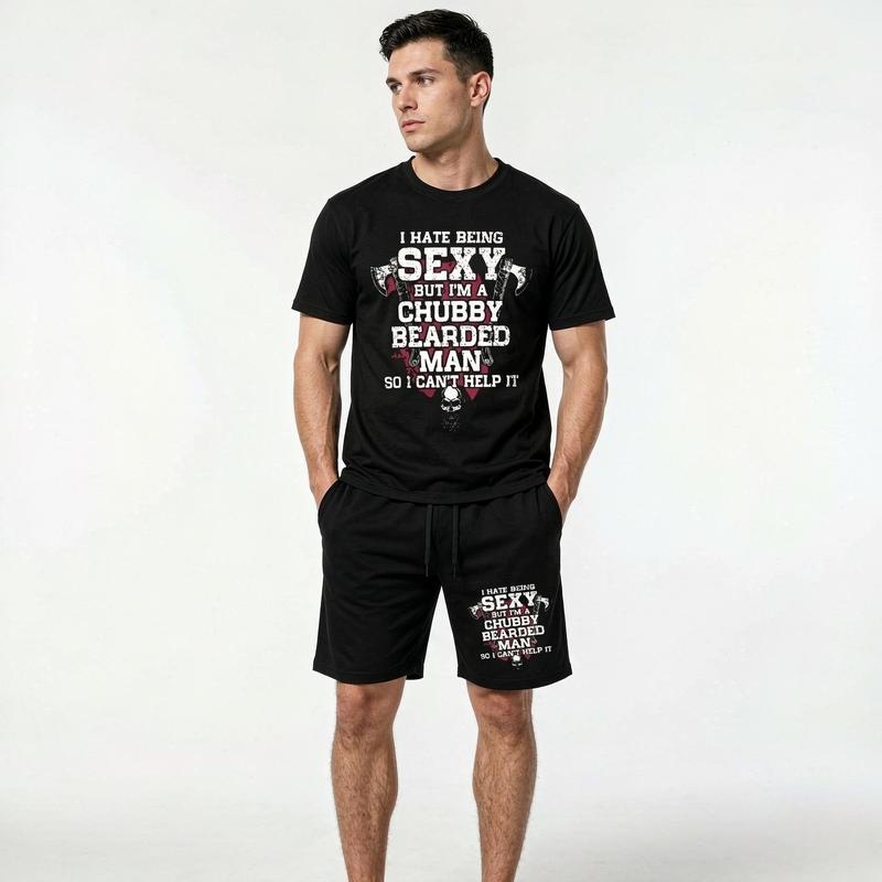 Men's 2-Piece Casual Streetwear Set - Loose-Fit Crew Neck Short-Sleeve T-Shirt, Medium-Length Shorts, Funny Bearded Man Graphic, Machine Washable Menswear Clothes