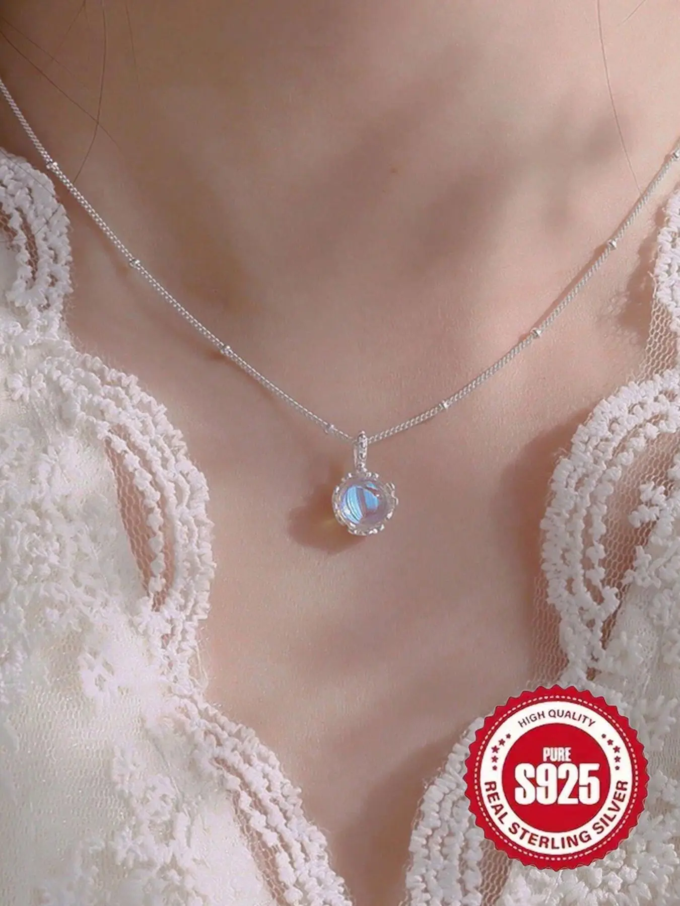S925 Sterling Silver Moonstone Decor Pendant Necklace for Women, Fashion Jewelry for Party, Daily Clothing Decor, Daily Versatile Chain, Trendy All-match & Exquisite Jewelry for Gift, Charm Necklaces